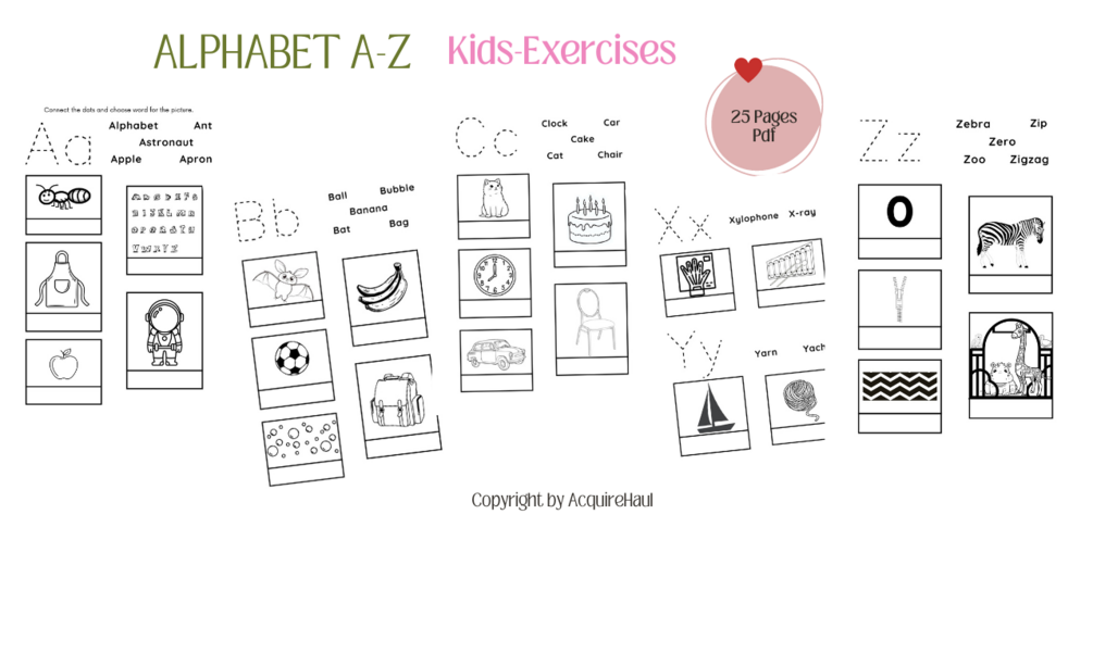 ALPHABET 25Pages Kids' Printable Connect the dots and Choose Words for