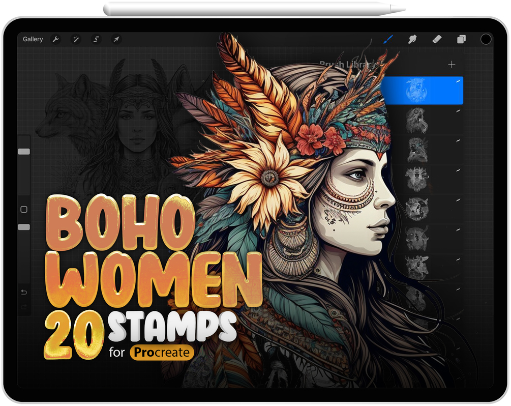 20 Procreate Native Indian American Boho Women with Animals and Flowers Coloring Pages Stamp Brushes Collection by ProCreativeBreeze