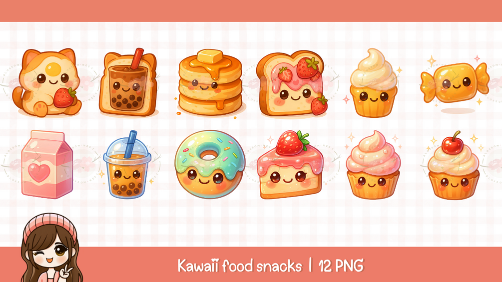 Cute kawaii food dessert clipart, breakfast, strawberry cupcakes, boba ...