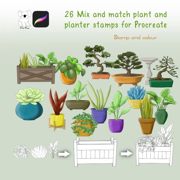 26 mix and match planter set stamps for Procreate by Anita Reay