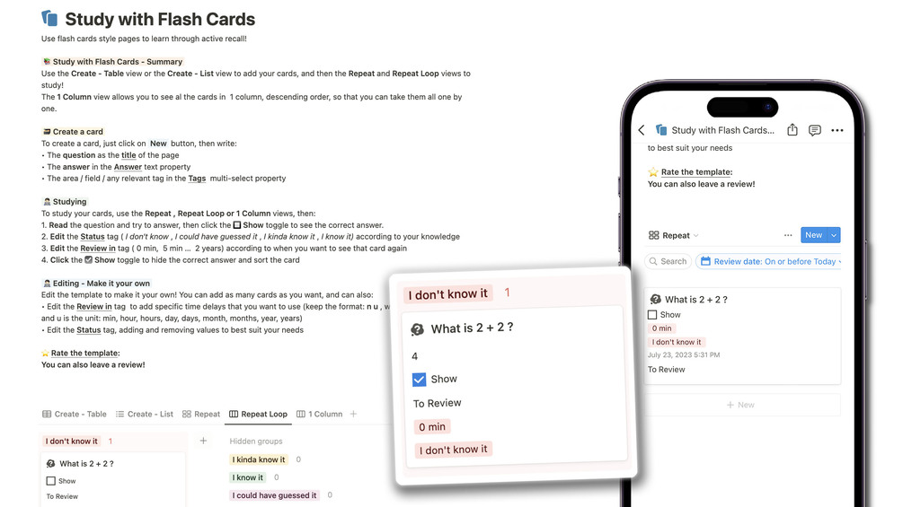 Flash Cards Notion Template Study Anki Style FlashCards with Notion