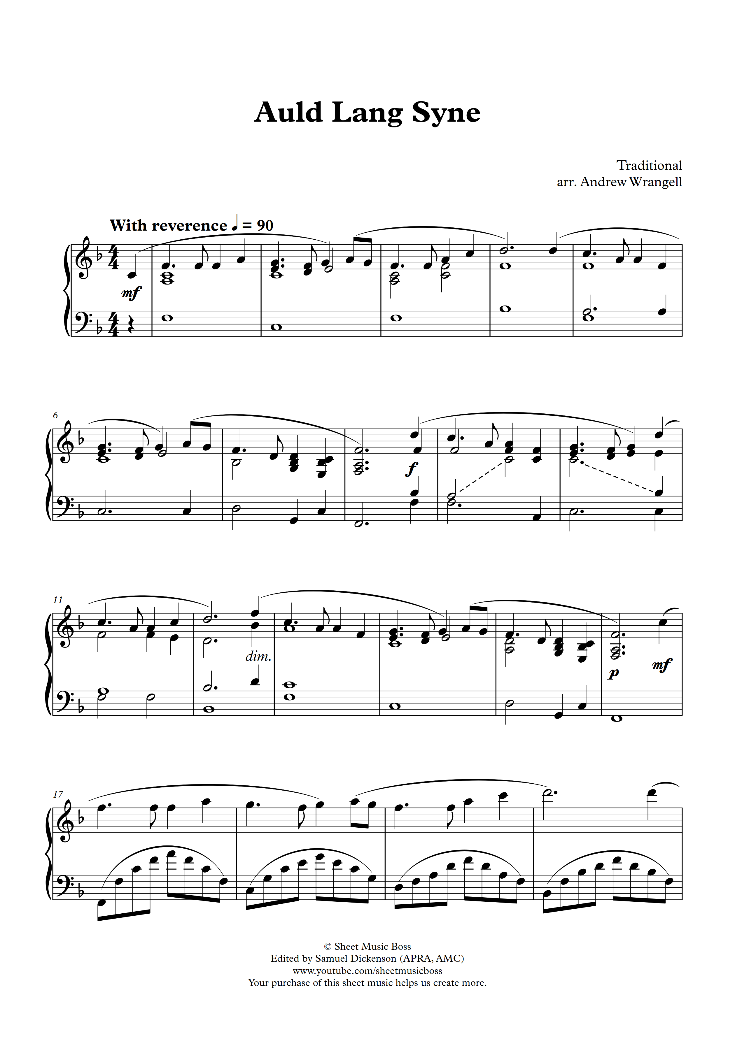 Auld Lang Syne (Piano Sheet Music PDF, MIDI, and MP3)