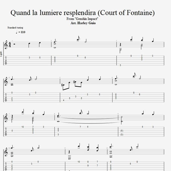 Quand la lumiere resplendira - Court of Fontaine Night (Genshin Impact) fingerstyle guitar tab PDF by Harley Guio