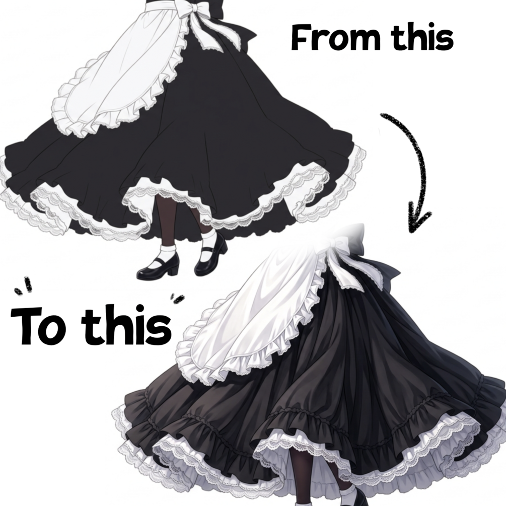 Before and after comparison of flat and shaded anime dress folds
