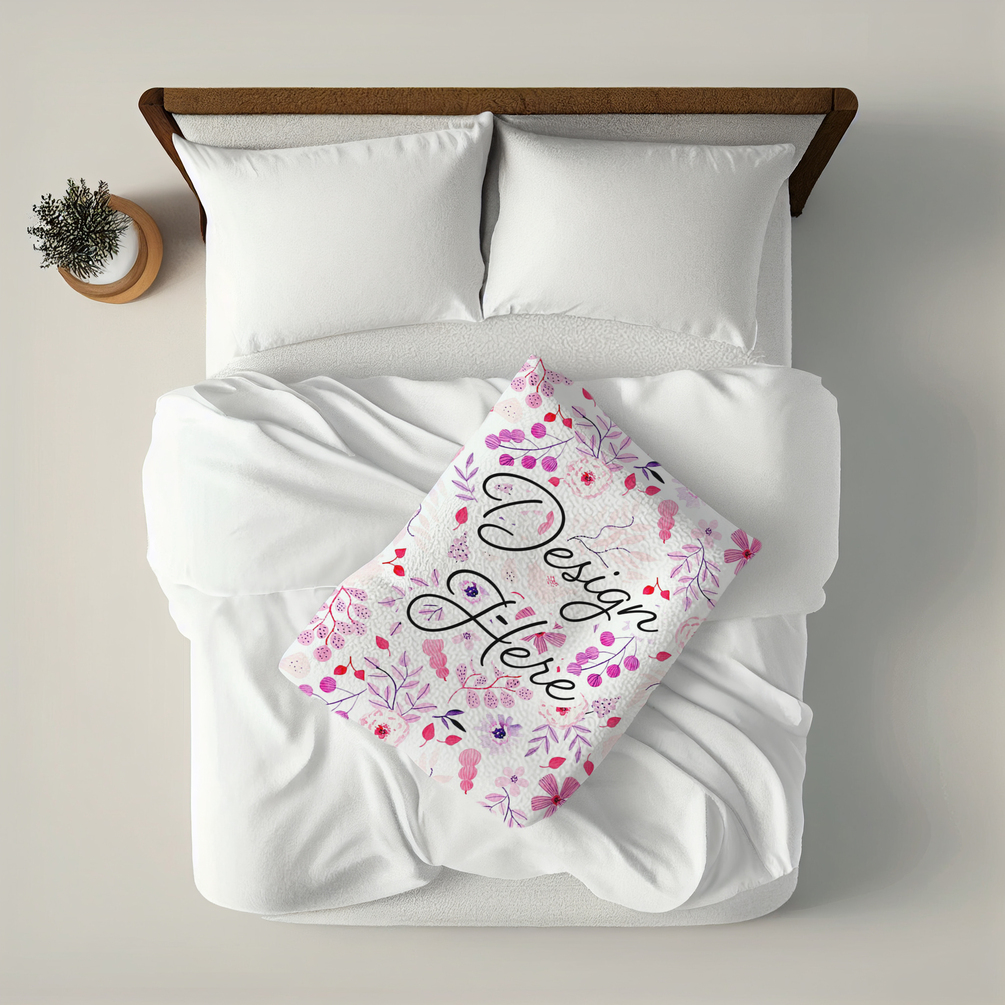 Folded Fleece Blanket on Bed Mockup, Overhead view of Blanket Mockup