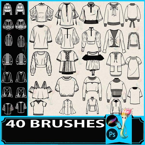 Procreate & Photoshop 40 Types Shirt・Top Design Brush Set | T|shirt・Clothing Style・Line Art Auxiliary Material by best procreate brushes