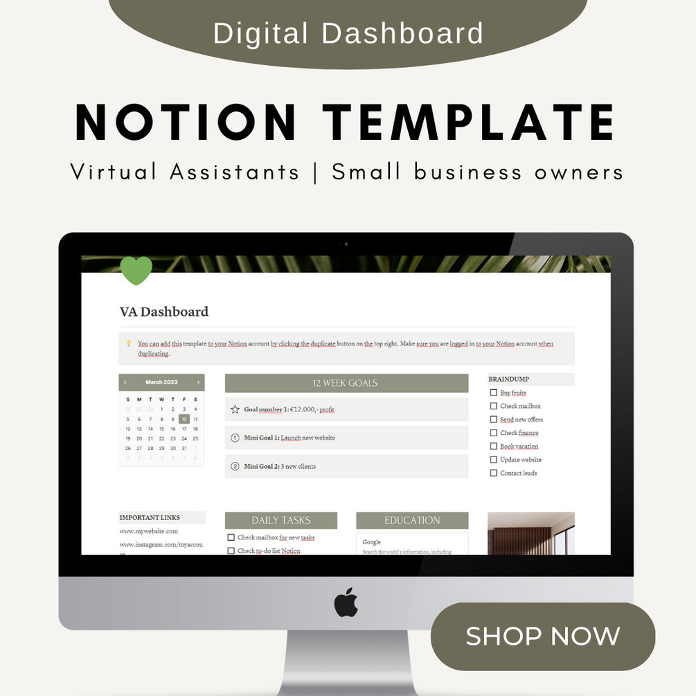 Notion Template For Small Business Owner, Virtual Assistants, 2023 ...