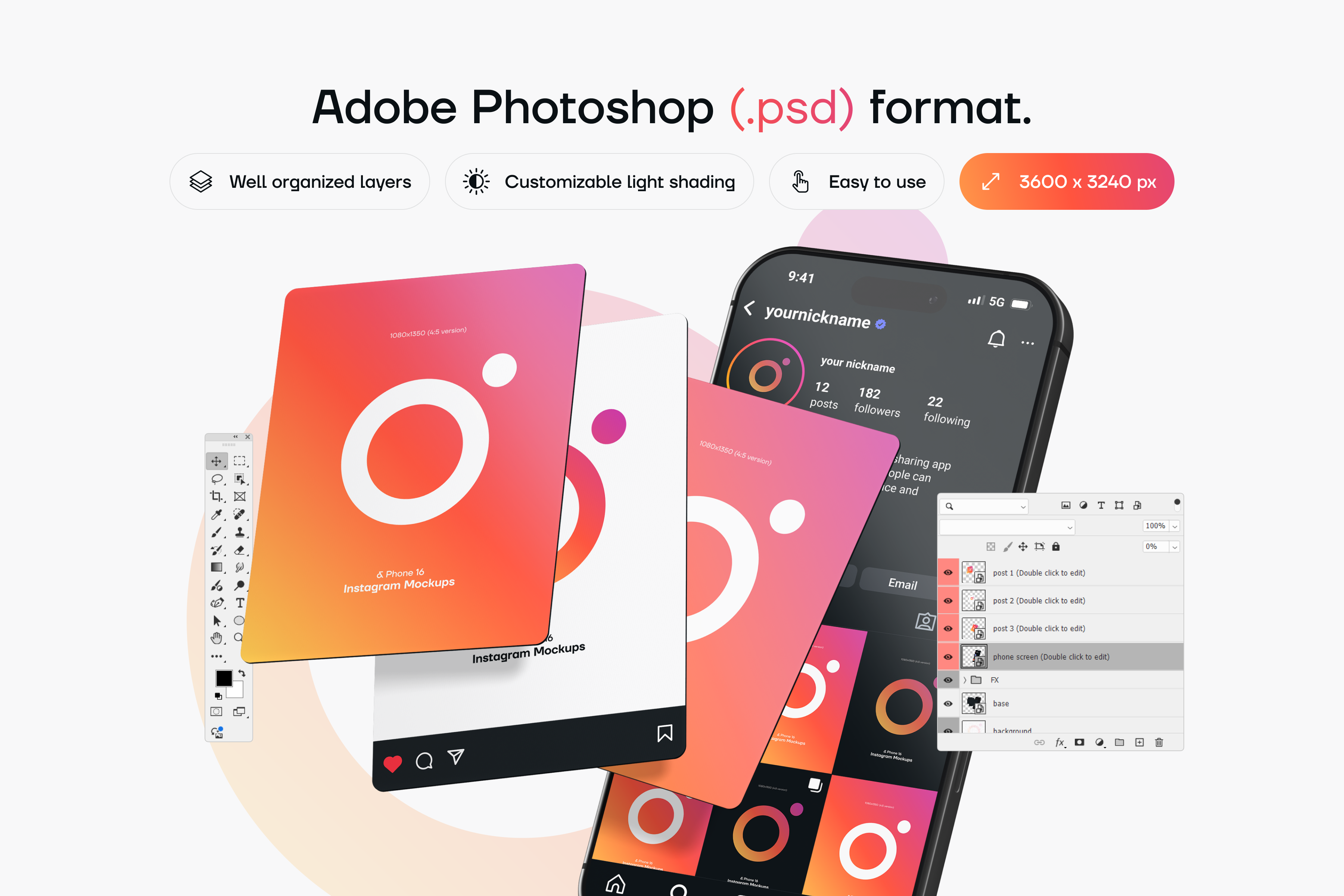 Free Instagram Mockup Kit iPhone 16 Dark UI, PSD scene, 4:5 post ratio