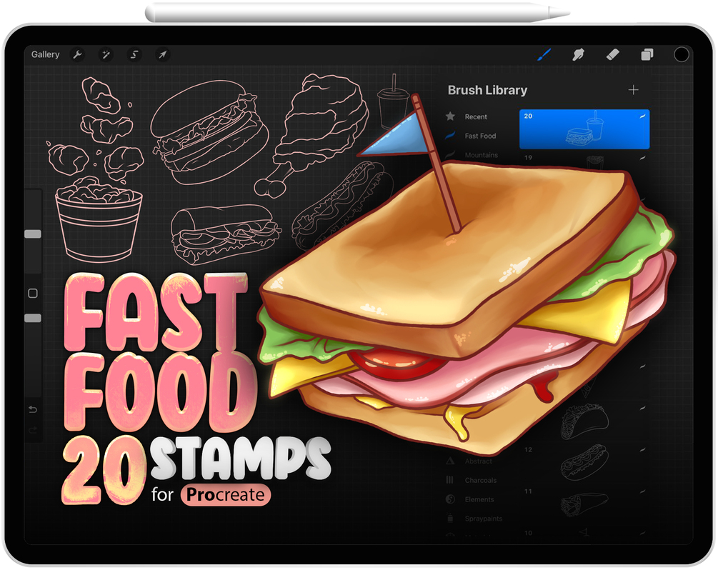 20 Procreate Fast Food Stamp Brushes Collection by ProCreativeBreeze