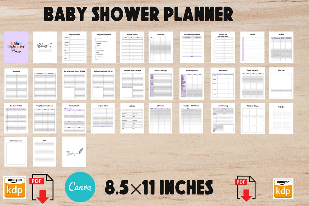 Baby Shower Planner, Editable Canva, KDP interior Ready To Upload 8.5