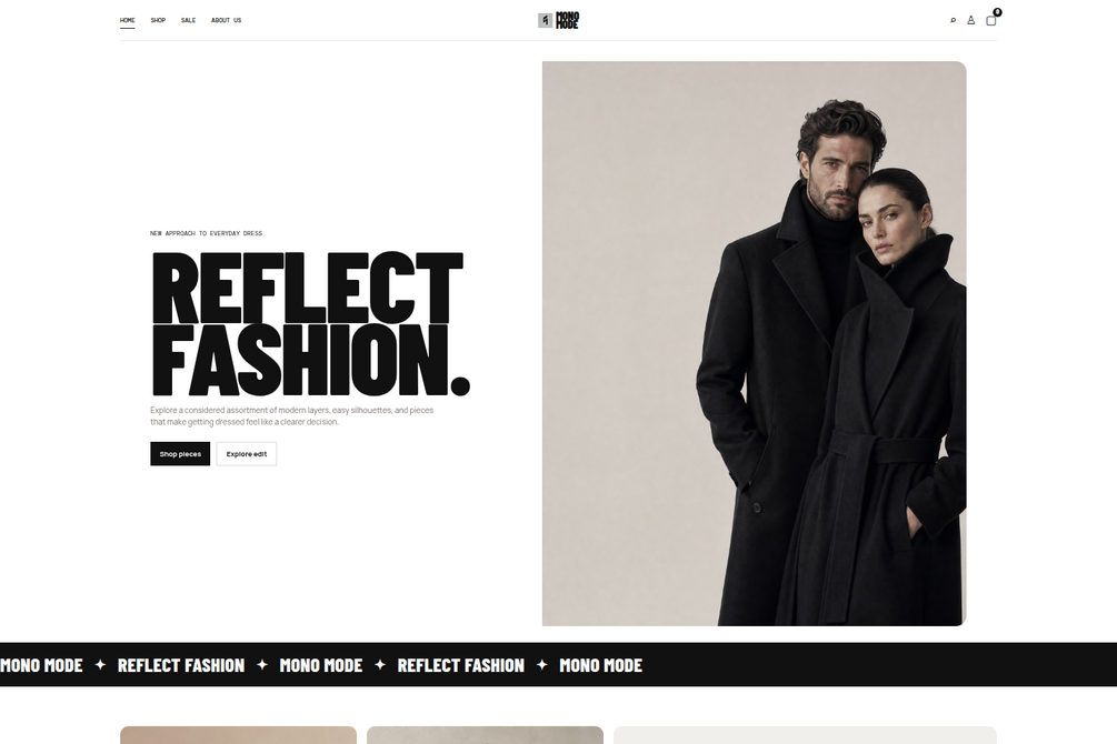 Desktop source preview for Monochrome Mode — Fashion Storefront Website Template (HTML + WordPress + Elementor)