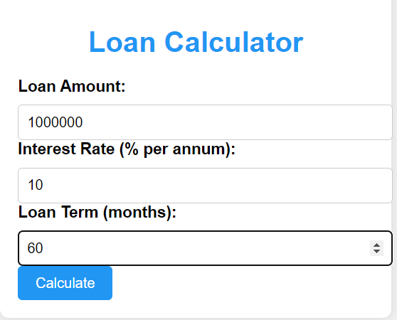 Loan Calculator tool with colorful styling using HTML, CSS, and JavaScript