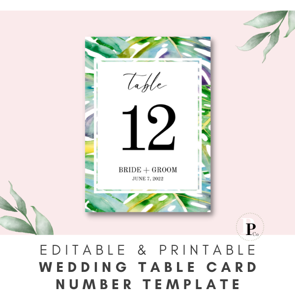 Summer wedding table numbers tropical leaves wedding table number