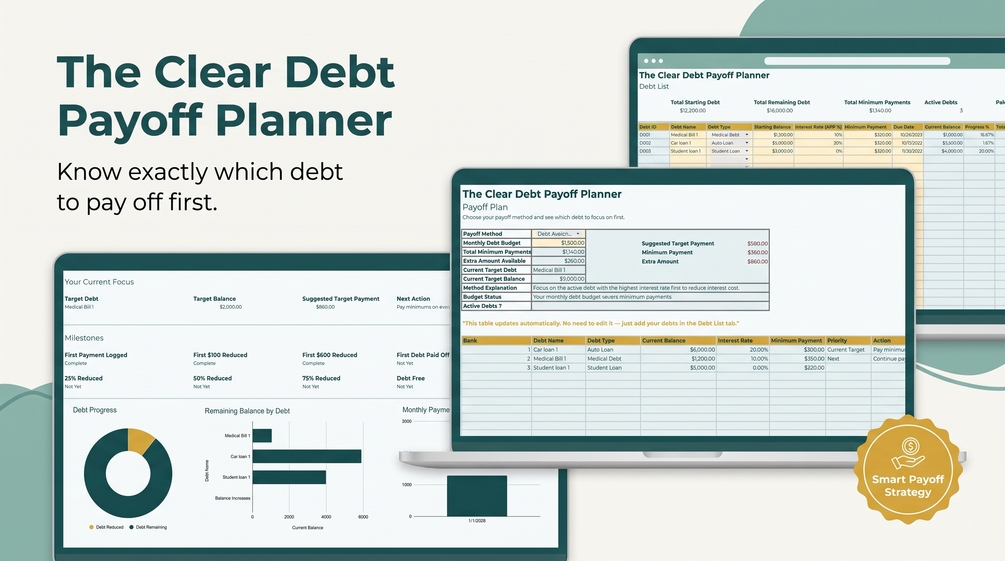 The Clear Debt Payoff Planner — dashboard preview showing debt tracking, progress bar, and payoff plan in Google Sheets