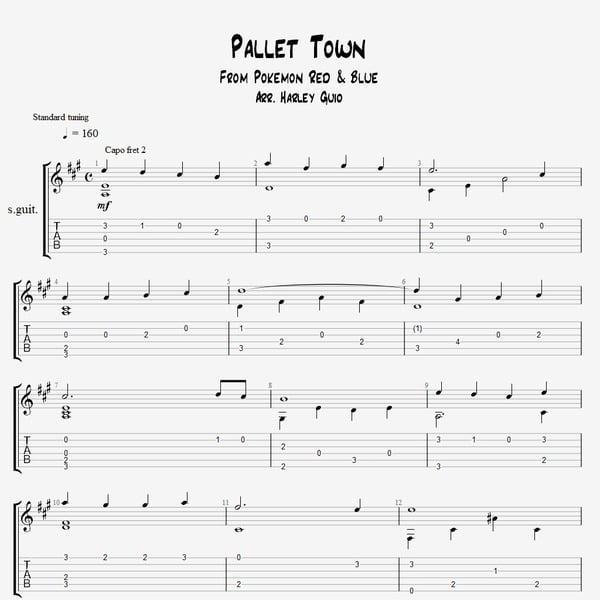 Pallet Town (Pokemon Red/Blue/Yellow) fingerstyle guitar tab PDF by Harley Guio
