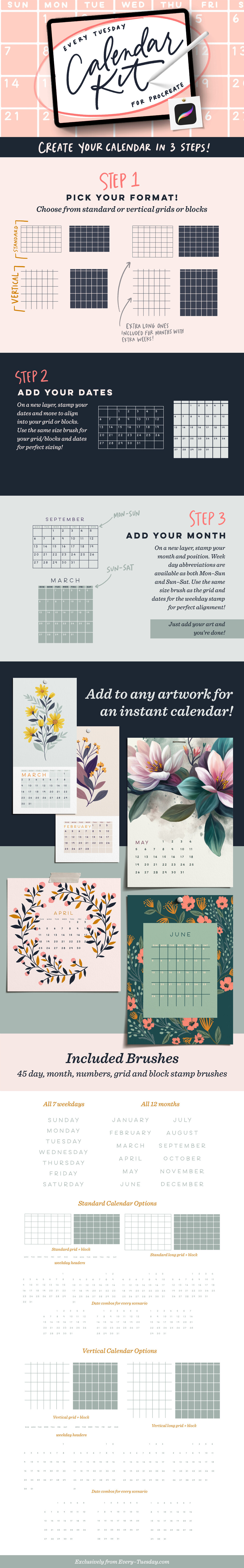 2023 Calendar grids stamps for Procreate By LettersClipArt