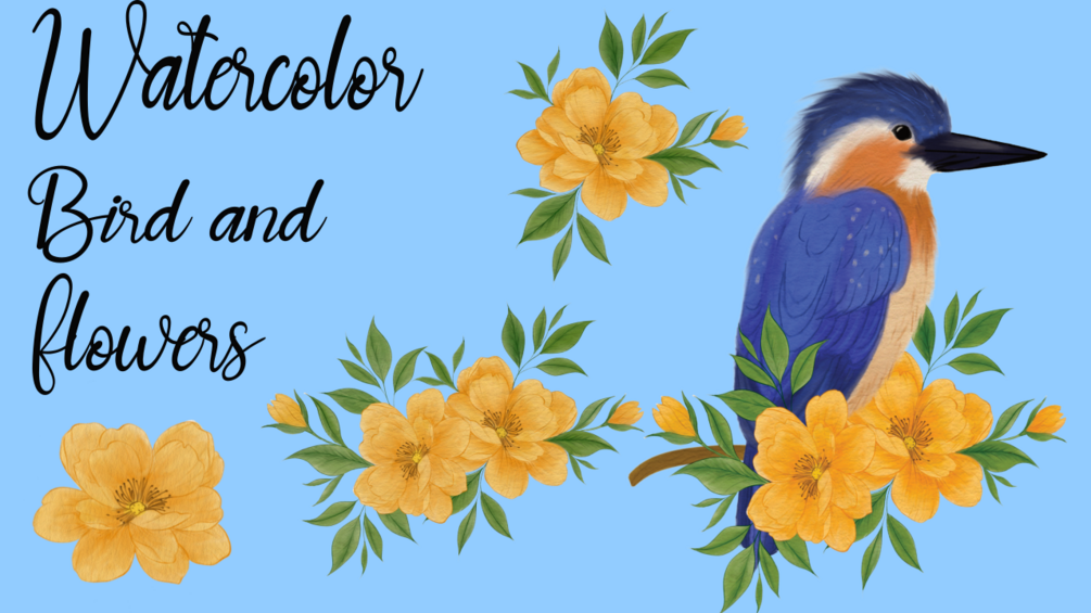 Watercolor Bird and Flowers