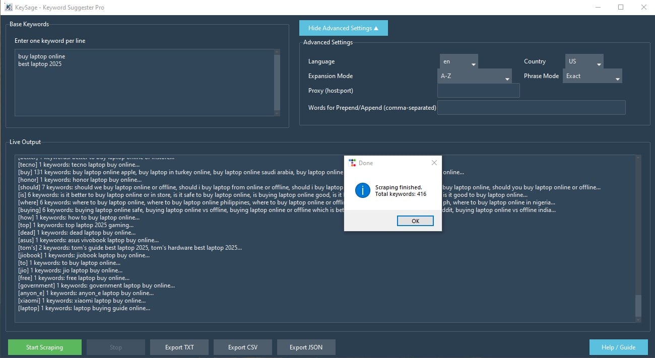 Live Keyword Output - Scraping Done